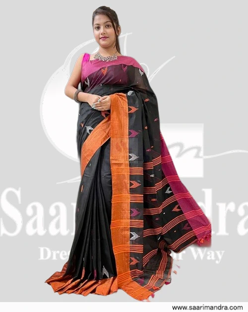 Handloom Indian Premium Ikat Saree in Black with Magenta Pallu & Orange Border